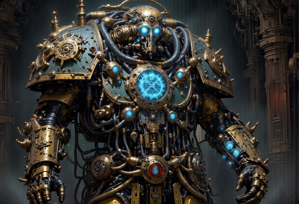 A monolithic, metal machine of archaic design and intricate detailing, standing tall in a dimly lit, cavernous chamber. At the center of the machine, a circular panel emblazoned with the iconic Adeptus Mechanicus cog symbol – a complex gear intertwined with the Omnissiah's insignia – flickers to life with a soft blue glow. The cog, a symbol of the machine god's divine order, pulses with energy as ancient mechanisms within the chamber stir to life. The light from the cog casts long, dramatic shadows across the weathered, riveted walls, hinting at the vast size of the surrounding space. As the seconds tick by, the glow from the cog grows stronger before slowly fading into a steady, rhythmic pulse, syncing with the deep, resonant hum of the awakening machinery. The scene is one of anticipation and reverence, where the power of technology meets the sanctity of religious devotion in a tableau that captures the essence of the Adeptus Mechanicus. The fading of the cog symbol signifies the end of the boot-up sequence and the machine's readiness to serve the will of the Omnissiah.