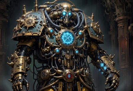 A monolithic, metal machine of archaic design and intricate detailing, standing tall in a dimly lit, cavernous chamber. At the center of the machine, a circular panel emblazoned with the iconic Adeptus Mechanicus cog symbol – a complex gear intertwined with the Omnissiah's insignia – flickers to life with a soft blue glow. The cog, a symbol of the machine god's divine order, pulses with energy as ancient mechanisms within the chamber stir to life. The light from the cog casts long, dramatic shadows across the weathered, riveted walls, hinting at the vast size of the surrounding space. As the seconds tick by, the glow from the cog grows stronger before slowly fading into a steady, rhythmic pulse, syncing with the deep, resonant hum of the awakening machinery. The scene is one of anticipation and reverence, where the power of technology meets the sanctity of religious devotion in a tableau that captures the essence of the Adeptus Mechanicus. The fading of the cog symbol signifies the end of the boot-up sequence and the machine's readiness to serve the will of the Omnissiah.