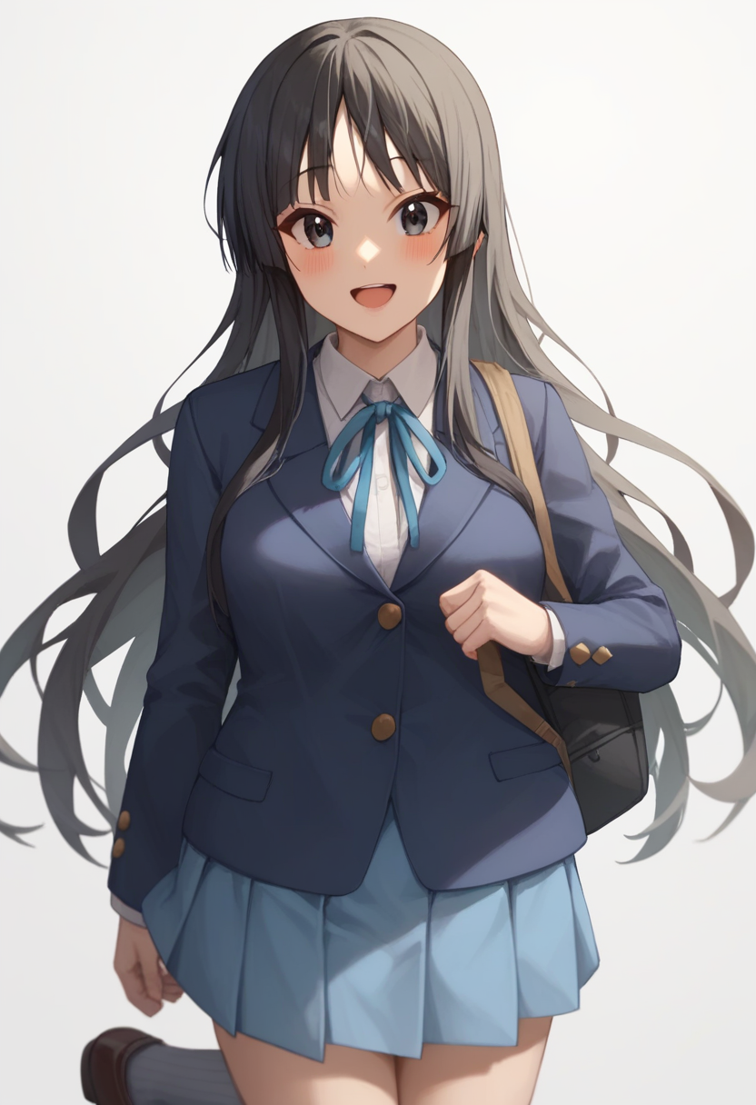 score_9,score_8_up,score_7_up,<lora:akiyama_mio_pony:1>,blue_ribbon, blush, simple_background, 1girl, miniskirt, winter_uniform, black_socks, white_background, open_mouth, commentary_request, smile, blue_jacket, neck_ribbon, white_shirt, looking_at_viewer, solo, blue_skirt, sakuragaoka_high_school_uniform, blazer, yokozuwari, akiyama_mio
