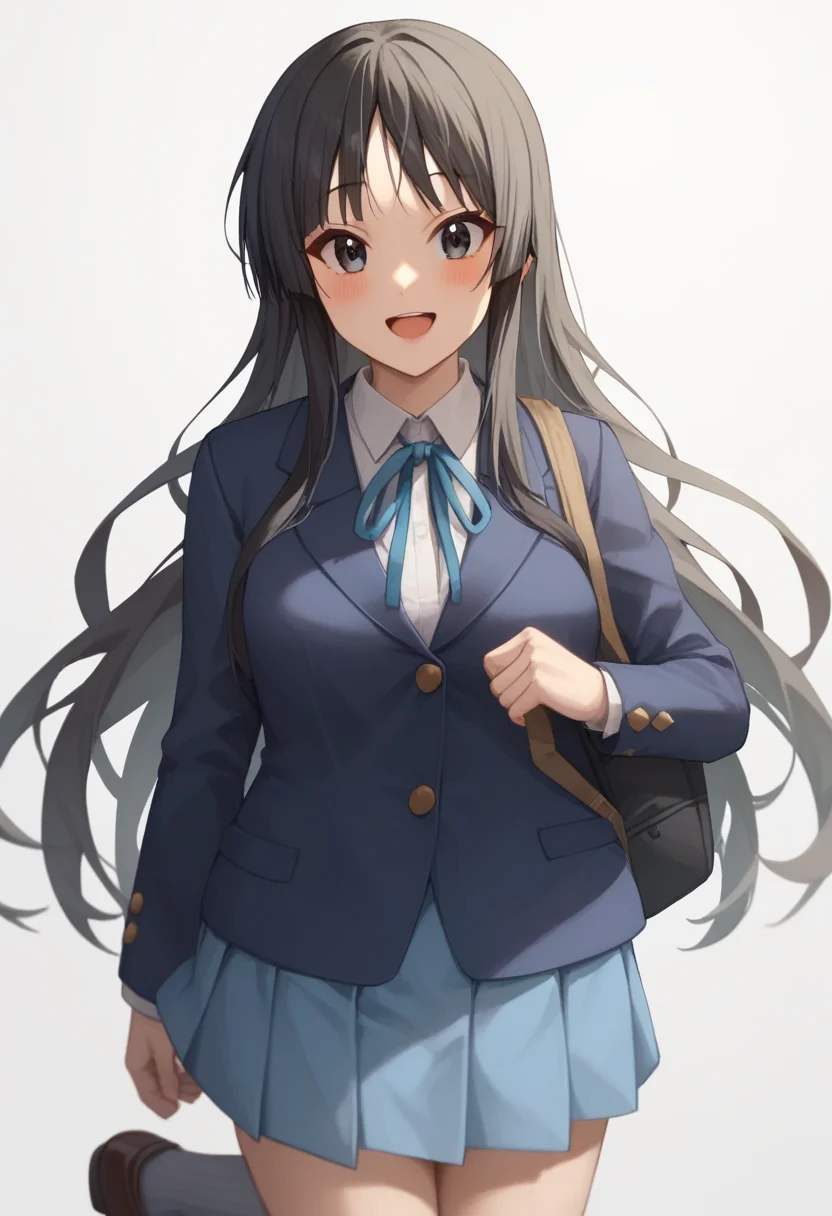 score_9,score_8_up,score_7_up,<lora:akiyama_mio_pony:1>,blue_ribbon, blush, simple_background, 1girl, miniskirt, winter_uniform, black_socks, white_background, open_mouth, commentary_request, smile, blue_jacket, neck_ribbon, white_shirt, looking_at_viewer, solo, blue_skirt, sakuragaoka_high_school_uniform, blazer, yokozuwari, akiyama_mio