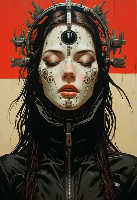 carcosa city, in an medieval Castle, lightened By torches, Red and White 'portrait of holy pureerosface_v1 graceful hellraiser goddess' By Franco Fontana, mechanical parts, wires, cables, cyberpunk, closeup portrait of a woman with a half robot face and bangs, pastel red/white colored, assassinkahb style, closeup photo of an wired-cyborg assassin with half robot face wearing a black high collar hooded parka with technical macro writing resembling an qr-code//bar-code on the back, solo, woman, high collar parka, upper body,, female focus, long hair in wind, weapon, clothes writing, japanese flag, crepuscular rays, volumetric lighting, ultra detailed, deep Blacks, very detailed, atmospheric haze, Film grain, cinematic film still, shallow depth of field, highly detailed, high budget, cinemascope, moody, epic, OverallDetail, 2000s vintage RAW photo, photorealistic, candid camera, color graded cinematic, eye catchlights, atmospheric lighting, imperfections, natural, shallow dof