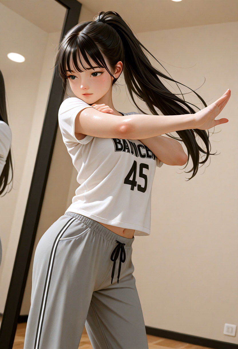 IllusP0s, masterpiece, best quality, amazing quality, very aesthetic, absurdres, newest, ((dynamic angle:1.4)), (detailed eyes),((ultra detailed hair:1.4))
BREAK
1girl, 1girl, ka0ru-1zud,black eyes, long hair,Ponytail, ((shiny eyes)) 
BREAK
dance, Jersey, (dancing:1.1), (at gym:1.1), mirror wall, dance lessons,
(long pants:1.1), hip-hop dance,some dancers, (Uplifting:1.1), (moving:1.3), open arm
  <lora:Kaoru_-_Izu_Dancer_-_AI_Challenge:0.5>