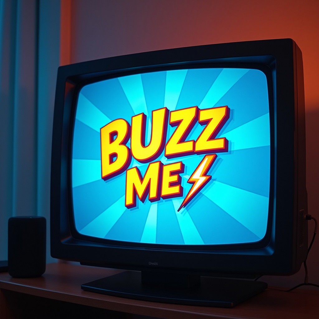 a tv screen playing a cartoon, emblazoned on the screen in bold letters saying "BUZZ ME" with a lightning motif