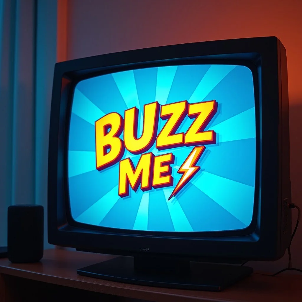 a tv screen playing a cartoon, emblazoned on the screen in bold letters saying "BUZZ ME" with a lightning motif