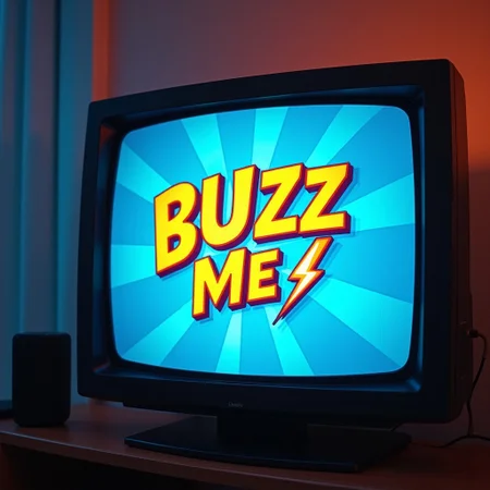 a tv screen playing a cartoon, emblazoned on the screen in bold letters saying "BUZZ ME" with a lightning motif