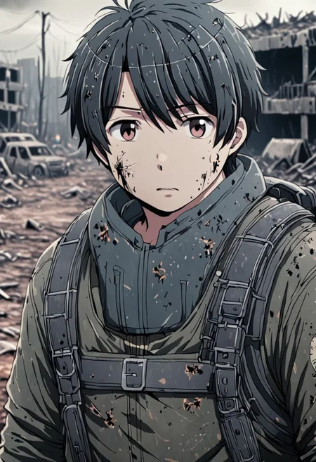 high resolution, solo, best quality, 1Boy, Inaho Kaizuka, Black Hair, shallow depth of field, Post-Apocalyptic, survival, OverallDetail
