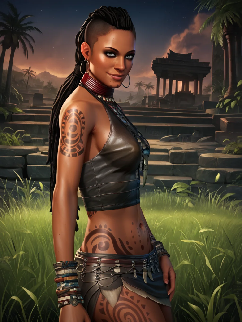 score_9, score_8_up, score_7_up,ultra high quality,ultra high resolution,ultra ,full body, seductive, very realistic,(extremely detailed), detailed background,,(masterpiece, best quality, high quality, highres, ultra-detailed), <lora:Citra_Far_Cry_3:0.8> citra, citras hairstyle, red choker, tribal bracelets, tan, tribal tattoo, tribal necklace, tooth necklace, black hair, medium breasts,ultra high details,8k,,leather halter top, upper body,tanned skin,grey eyes,tribal woman,perfect face, citras face,seductive smile,one hoop earing,warrior woman, dark temple background,menacing,seductive,leather miniskirt,midriff,navel,barefoot,seductive pose,black hair, long dreadlocks, mohawk, side shaved head,dark,night,torches,from side,looking slighlty aside,
