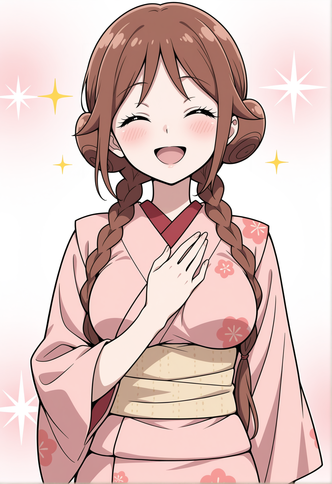 masterpiece,best quality,amazing quality, (aged up:1.2), anime coloring, flat colors,
<lora:NoobV065sHyperDmd:.5>,
 <lora:tachibana_yuzuki_meipaws:.9> 1girl, japanese clothes, pink kimono, brown hair, closed eyes, smile, long hair, open mouth, blush, hair bun, hand on own chest, twin braids, double bun, sparkle, floral print, low twin braids, yellow sash, print kimono