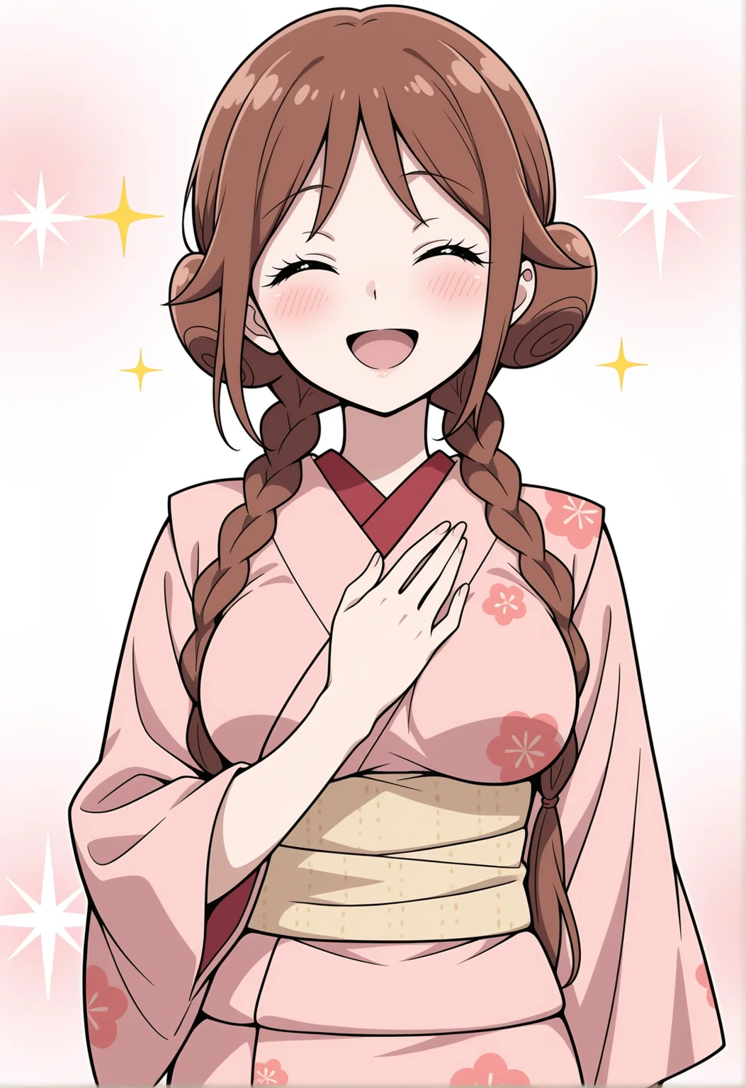 masterpiece,best quality,amazing quality, (aged up:1.2), anime coloring, flat colors,
<lora:NoobV065sHyperDmd:.5>,
<lora:tachibana_yuzuki_meipaws:.9> 1girl, japanese clothes, pink kimono, brown hair, closed eyes, smile, long hair, open mouth, blush, hair bun, hand on own chest, twin braids, double bun, sparkle, floral print, low twin braids, yellow sash, print kimono
