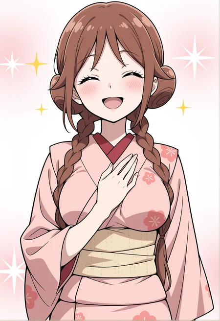masterpiece,best quality,amazing quality, (aged up:1.2), anime coloring, flat colors,
<lora:NoobV065sHyperDmd:.5>,
<lora:tachibana_yuzuki_meipaws:.9> 1girl, japanese clothes, pink kimono, brown hair, closed eyes, smile, long hair, open mouth, blush, hair bun, hand on own chest, twin braids, double bun, sparkle, floral print, low twin braids, yellow sash, print kimono