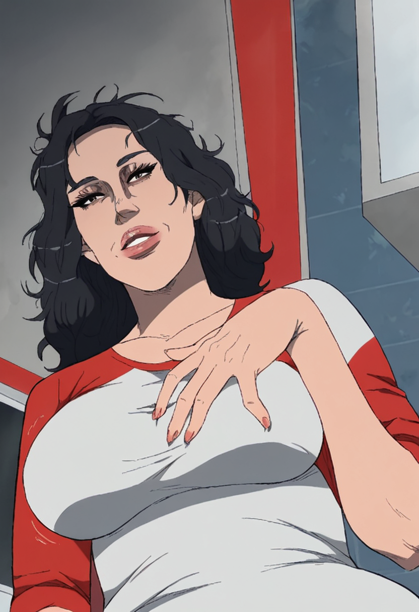 score_9, score_8_up, score_7_up, source_anime, 1girl, large_breasts, mature_female, curvy, wide_hips, solo, looking_at_viewer, open_eyes, Twirling hair with fingers, from_below, Crimson Mandarin Collar Shirt, messy hair, plait, Jet Black hair, shack, group_profile, rating_safe, <lora:pony\artist_styles\contingency_pony:1.0>