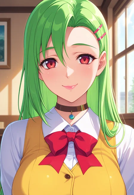 masterpiece, best quality, amazing quality, absurdres, 1girl, solo, (portrait:1.2), kaorukoww, mature female, red eyes, green hair, long hair, very long hair, hairclip, pink lips, large breasts, brown choker, red bowtie, yellow vest, white collared shirt, looking at viewer, smile, indoors, day, skindentation, detailed clothing folds, depth of field, sharp, high contrast, dynamic light <lora:Miyoshi_Kaoruko_Gakuen_Saimin_Reido_ill:0.8>