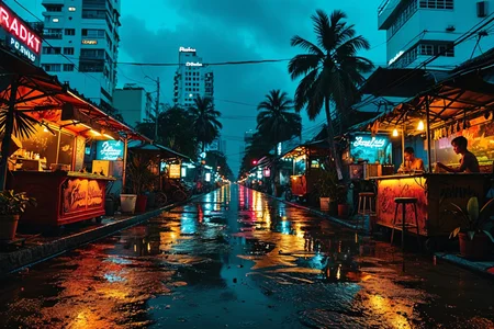 On a neon-lit Sukhumvit Road in Bangkok where palm-lined sidewalks meet swanky rooftop bars and street food carts, Nighttime glow â vibrant neon floods every surface, (long palm shadows:1.0) tiptoe across wet asphalt, and (thai pop beats) pulse from open doorways.,, Masterpiece,best quality,realistic,HDR, 8K, masterpiece, best_quality, absurdres, ultra-detailed, highly aesthetic,sweeping landscapes, unique perspectives, epic scale, revealing hidden beauty, showcasing vastness, immersive experience, precise compositions, expert piloting, dynamic angles, cinematic storytelling, showcasing natural wonders, aerial exploration