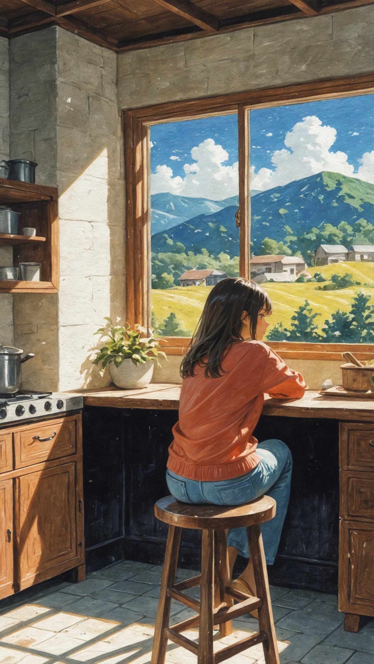 (impressionism:1.5), traditional media, painting \(medium\), 
1woman, kitchen table, sitting on a stool, window,