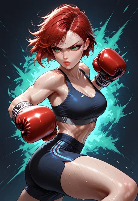 masterpiece, best quality, 32k, high resolution, absurdres,Jednvvd, vivid colors, geometric fragments, abstract patterns, 1girl, Jane, JaneRH, short red hair, swept hair, fit, medium breasts, green eyes, beautiful lips, little freckles, toned, dynamic pose, aesthetic, dynamic pose, kick boxing, sports bra, shorts, boxing gloves, ready to fight, sweaty, badass expression,