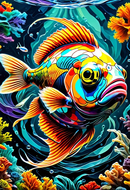 a colored painting of a Fish in the ocean , (8k, RAW photo, best quality, masterpiece:1.2),best quality, ultra high res,(sharp focus:1.2),DOF, geometric patterns, intricately detailed, perfectly balanced, deep fine edges, artistic photorealism,photorealism, vivid colors,, 8K, UHD, many details, extreme detailed, full of details, BadDream, Jed-Splash, <lora:ColourfullSplashStyle:0.5>