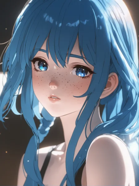 beautiful age 18 girl, (anime screencap), blue hair, freckles, sexy, beautiful, dslr, 8k, 4k, natural skin, textured skin, pixiv, depth of field, cinematic compotision, best lighting,