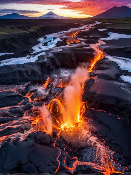 vertical perspective photography,highres,evening,sunset,flows from volcanic lava to glaciers,