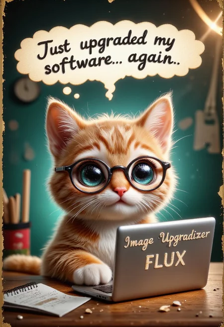 chibi animal,
A cat sitting at a desk with a tiny laptop, wearing glasses and looking very serious. Above the cat, a thought bubble reads, "Just upgraded my software... again." On the screen of the laptop, the Text: "Image Upgrader FLUX" is displayed prominently.
, detailmaximizer, gold frame