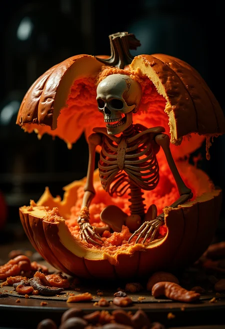 a fractured, exploded pumpkin, with red glowing veins, from which a skeleton emerges. It is covered in pumpkin flesh and seeds, smoked, pack shot, dramatic light, dark background with reflections, surrealism,