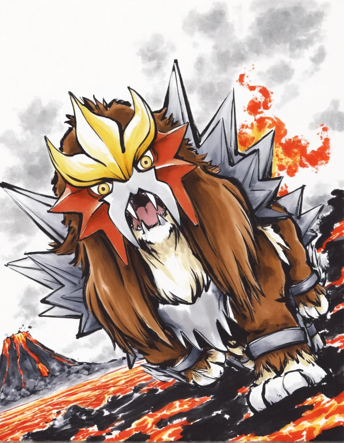 traditional ink wash, style-d,
entei, feral, solo, male, looking at viewer, yellow eyes, fangs, flame, volcano, lava, overcast, pose, running, perspective, dutch angle,
white background, three-quarter portrait,
<lora:PseudoInkWash_1.22-vpred-r:1>