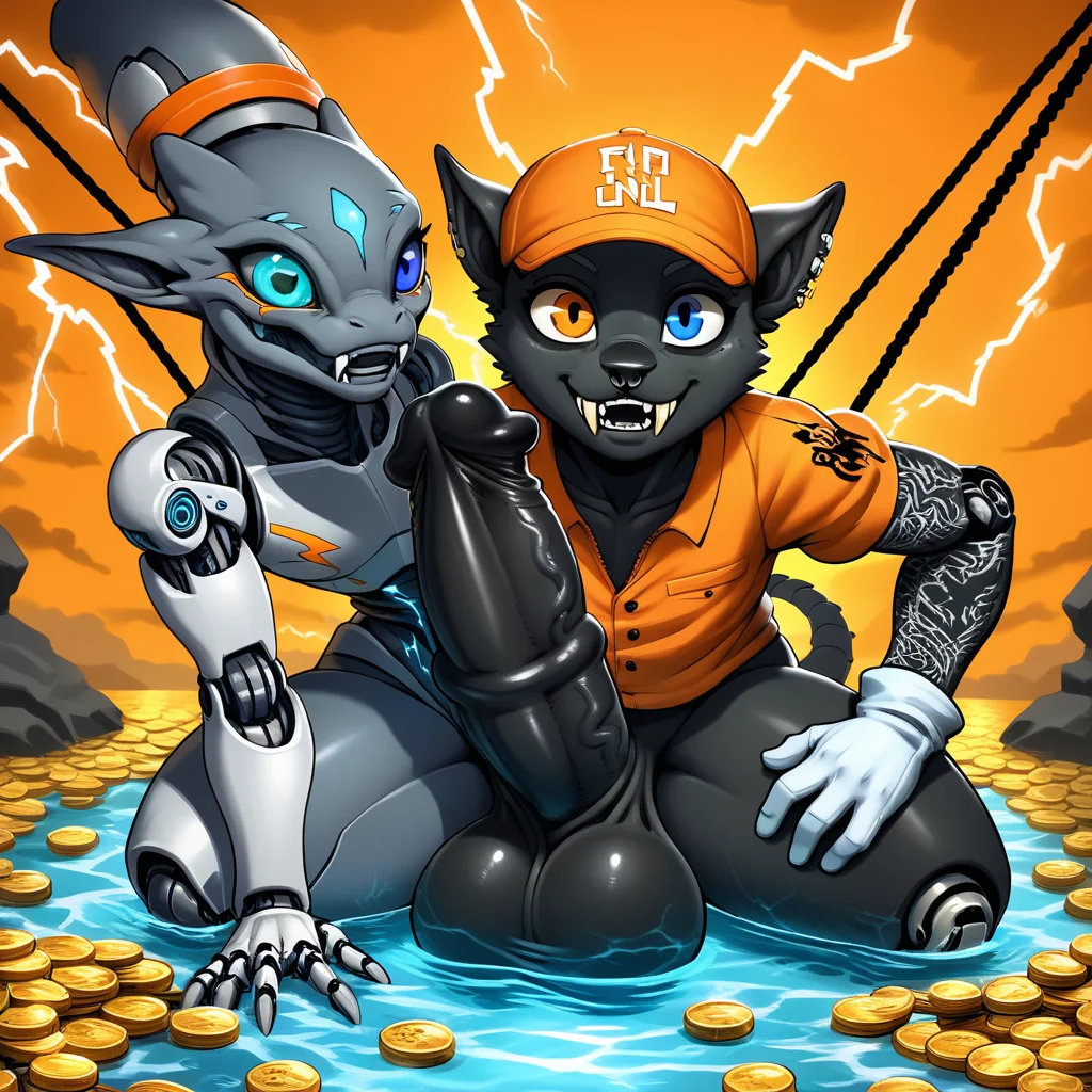 heterochromia, puffy short sleeves, lightning, alien, cyborg, bdsm, large testicles, black skin, arm tattoo, white gloves, water, coin, grey fur, animal nose, fangs, orange theme, ears through headwear, uncensored, maple leaf