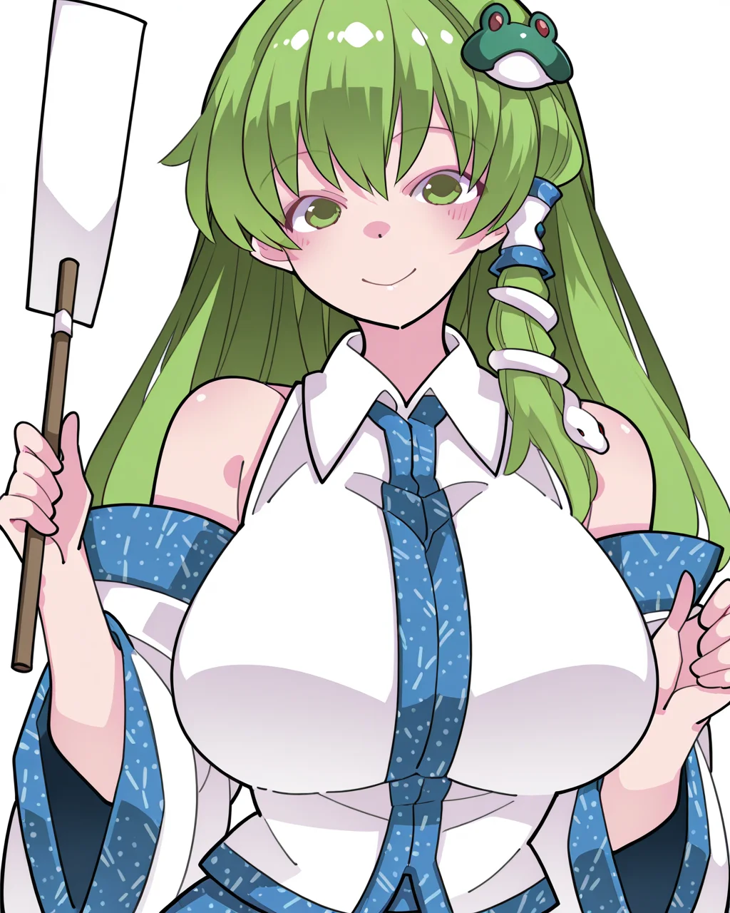 1girl, solo, kochiya sanae,green hair,hair ornament,frog hair ornament,long hair,snake hair ornament,hair tubes,single hair tube,green eyes,breasts,huge breasts,detached sleeves,skirt,shirt,white shirt,blue skirt,wide sleeves,white sleeves,bare shoulders, large breasts, gohei, hammer \(sunset beach\), smile, looking at viewer, upper body, simple background, white background, masterpiece, best quality, very aesthetic, absurdres
