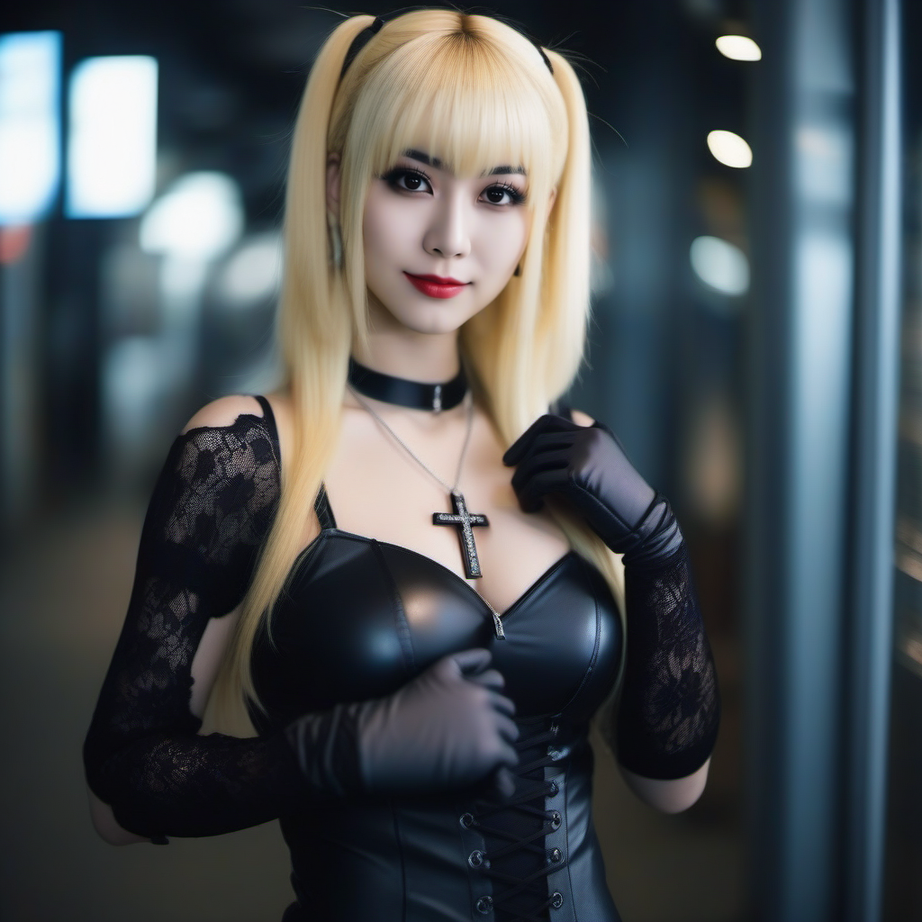 cinematic photo Misa1024, a full body blond woman dressed in black, gloves, stocking, cross necklace,  in japan <lora:Misa1024:0.8> . 35mm photograph, film, bokeh, professional, 4k, highly detailed
