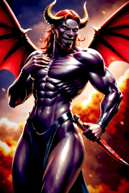 (Realistic:1.5) red hair shiny cropped torso sharp teeth smile colored skin slit pupils realistic facing viewer demon holding weapon demon wings dark skin demon horns brown background book horror (theme) armor tongue out facial hair <lora:EdobFireAlienSoul_v1.0:0.8>