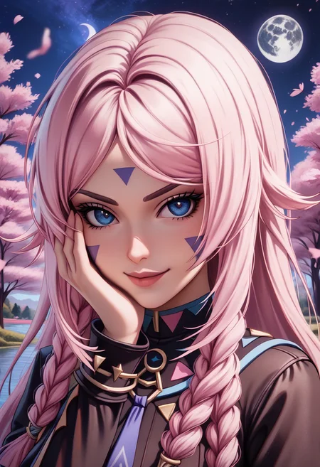 citlali
long hair,facial mark,blue eyes,twin braids
seduvice face, smirk smile
sit on chair, look at viewer, upper body can be seen, hand on face, wind blowing hair
 garden, trees, lake, pink flowers, wind, night, moon, softlight, stars
Detailed background, detailed, DNDFG, Detailed drawing, Fixhand