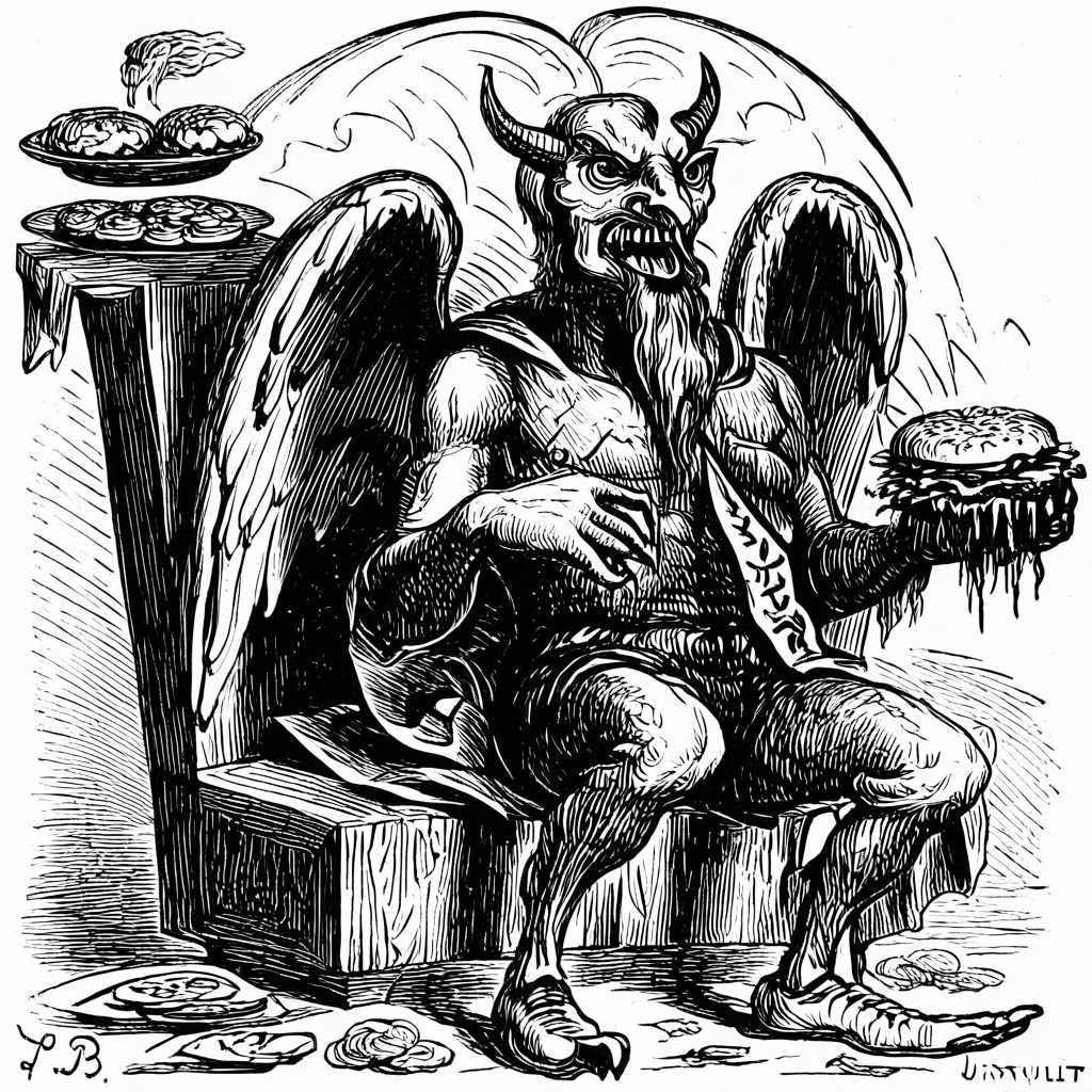 the demon Pazuzu sitting in a chair and eating a cheeseburger, bird wings, Sumerian architecture,monochrome,art by llbreton, <lora:LLbreton_V3:1>