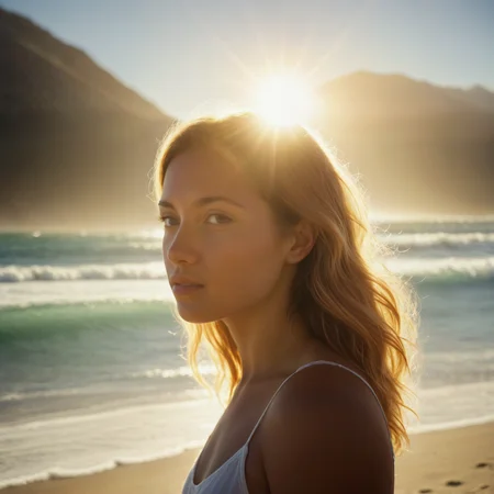 A young woman At the beach, gazing at the mountains beyond the waves. Lens flare.
<lora:LensFlare01a_CE_XL_300-OT:0.4> lnsflrCE_style