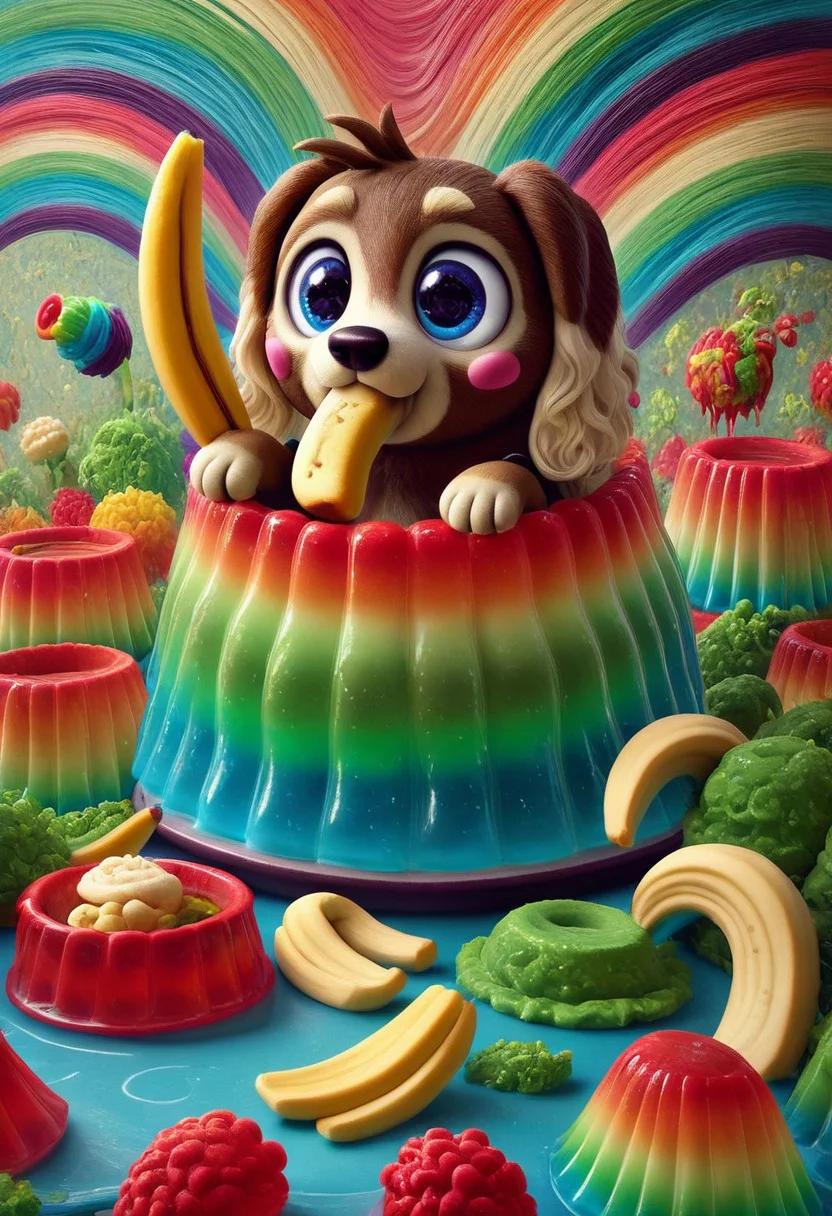 a cute chibby dog with big eyes made out of Jellystyle, he is eating a clay banana, very detailed, 4k, sharp, eating rainbow worms, novuschroma51 style