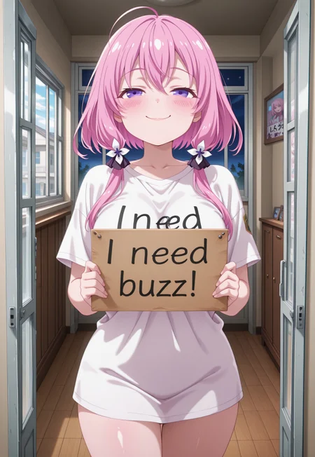 masterpiece, best quality, amazing quality, very aesthetic, absurdres, newest, chromatic aberration, (solo), 1girl, pink_hair, purple eyes, ( pink blush:1.1), zzgennyfinzz, medium breast, ,,, shiny skin,,, hair between eyes, masterpiece,best quality, anime screencap, adult woman, newest, standing at the window inside the apartment, view from the outside, view from the street, 1st floor, open window, looking out the window, smug, home tights, oversized home T-shirt, need_buzz, holding sign,<lora:detail_slider_v1_000000450:5> <lora:TrendCraft_The_Peoples_Style_Detailer-v1.0A-3_13_2025-illustrious:0.2>
