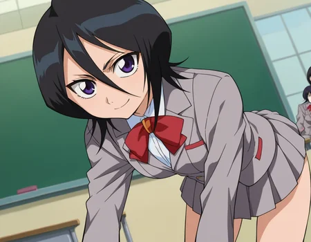 score_9, score_8_up, score_7_up, source_anime,
rukiakuchiki, <lora:rukia-kuchiki-s1-ponyxl-lora-nochekaiser:1>,
rukia kuchiki, black hair, hair between eyes, purple eyes, short hair,
skirt, bow, school uniform, jacket, blazer, grey jacket,
indoors, classroom, bent over, smile,
looking at viewer, cowboy shot, dutch angle,