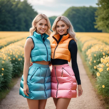 (full body shot),cute two swedish tall women,unique, wearing a Kaleidoscopic (cropped) cropped_puffer_vest,satin prom dress, unique hair styles, 8k uhd, dslr, soft lighting, high quality, photorealistic, realism, hyperrealism, smile , outdoors scene, kawaii photoshoot
<lora:cropped_puffer_vest_v2-000008:0.4>