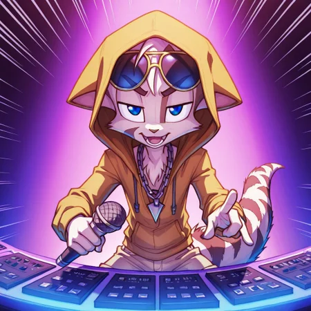 Mace, Dreamkeepers, 1boy, solo, anthropomorphic, feline-like, spiky hair, tail,solo, blue eyes, Digitigrade,
jacket, shorts,\m/, (((rapping))), rapping, rapper, rap, :d, holding microphone, bored, rap, rapping , upper body , closeup on face, half closed eyes, chain necklace, emphasis lines, v-shaped eyebrows, performing,, dj, hood on head, loose hoodie, sunglasses, golden chains,