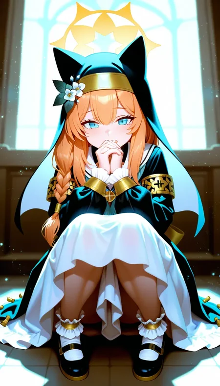 (masterpiece, best quality), best score, best anatomy, ultra deitailed, amazing quality, very aesthetic, absurdres, highres, 2024, newest, HDR, 8K, high detail RAW color art, high contrast, large pupil, eyelashes, shiny skin, detailed background, 
1girl, solo, mari \(blue archive\), blue eyes, orange hair, single braid, habit, hat flower, halo, nun, white sailor collar, white dress, neckerchief, mary janes, dramatic lighting, particles, hugging own hands, own hands together, <lora:薄塗り:0.25>, <lora:ponyv5_noobV065S_1:0.5>, <lora:spo_sdxl_10ep_4k:0.6>, <lora:MeMaXL4:0.5>