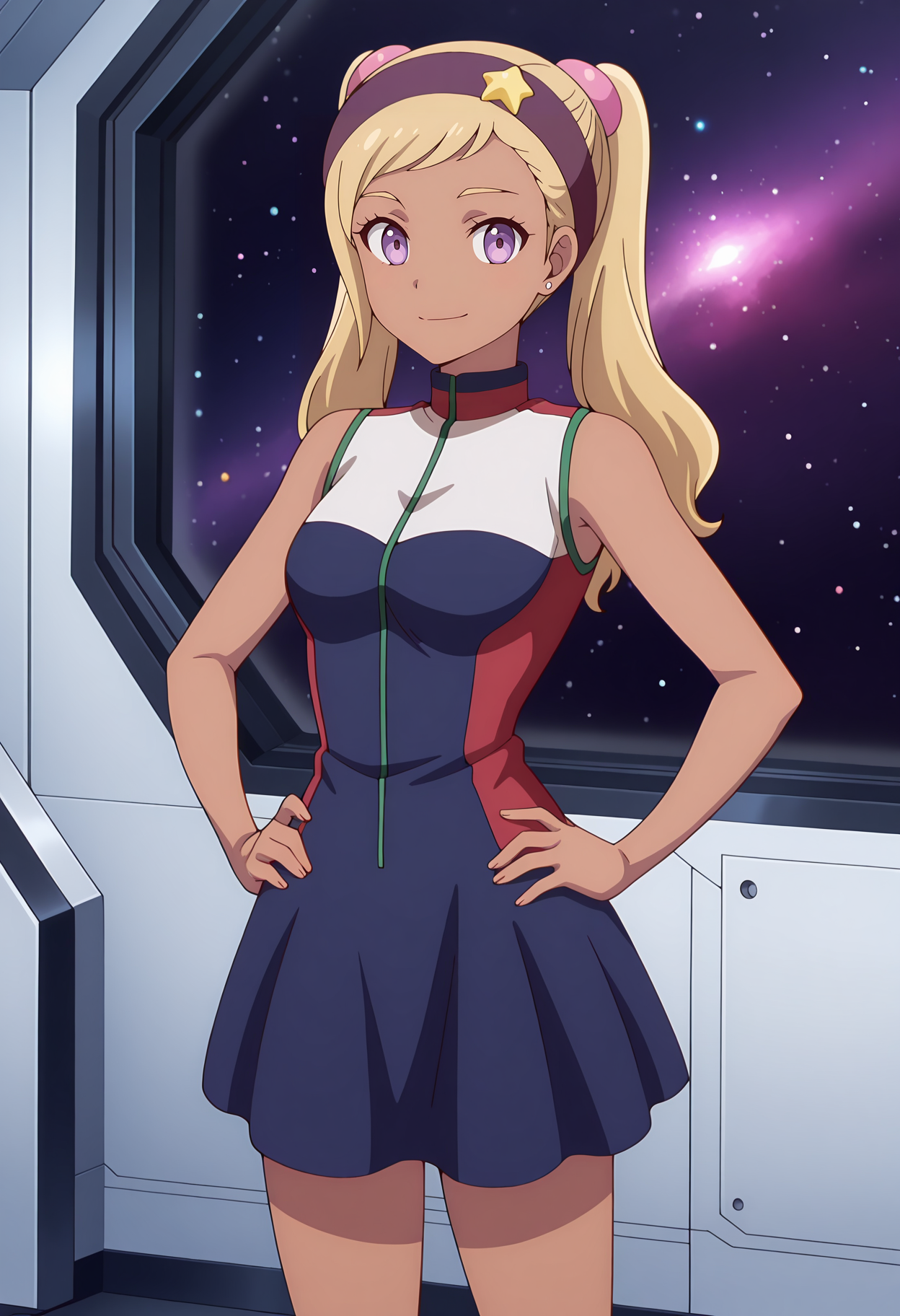 anime screencap, masterpiece, best quality,
<lora:KanataNoAstra_QuitterieRaffaeli_IlluXL:0.9>,
1girl, solo, closed mouth, smile,
dark-skinned female, twintails, swept bangs, long hair, blonde hair, purple eyes, stud earrings, purple hairband, star hair ornament, pink scrunchie,
short dress, sleeveless dress, multicolored dress, blue dress, zipper,
hands on own hips, standing, looking at the viewer, cowboy shot,
indoors, window, space, spacecraft interior