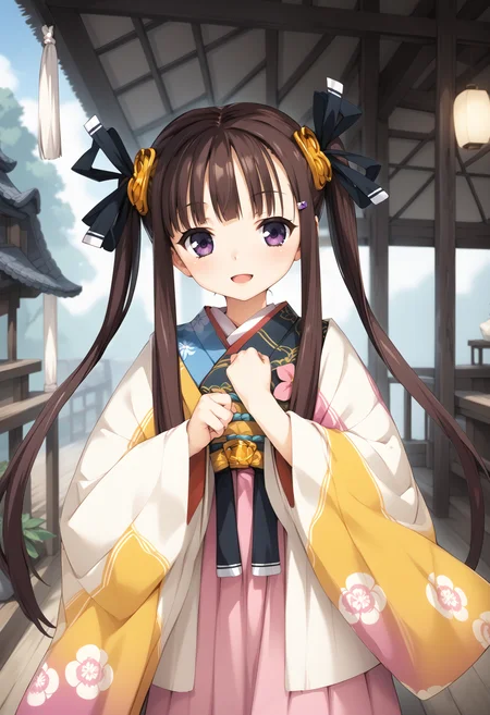 score_9,score_8_up,score_7_up,score_6_up,score_5_up,score_4_up, source_anime, anime artwork, anime_coloring, expressive, award winning, 8k, absurdres, BREAK
1girl, (tomifumi), kouhime, brown hair, long hair, twintails, purple eyes, kimono, floral print, cowboy shot, pink skirt, war fan, light smile, child, open mouth, clenched hand<lora:yuzusoft_ponyv6_1-15:0.8> <lora:Kouhime_pony_V1:1>