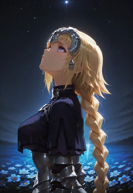 masterpiece,best quality,amazing quality,absurdres,anime coloring, anime screenshot, 1girl, solo, jeanne_d_arc_f-a, 1girl, long hair, blonde hair, thighhighs, armor, braid, gauntlets, headpiece, armored dress, single braid, very long hair, dress, purple eyes, looking up, from side, sad, crying, night, outdoors, stars, flower field, upper body, cowboy shot,