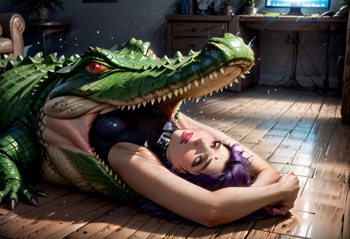 Vore scene. 1 woman, 1 alligator. Hyperrealistic. Woman inside alligator. Alligator is swallowing Raven . feet first. feet and legs of Raven are gone, inside the alligator. Only the torso and head are still out, visible. Woman inside alligator mouth. Alligator attacking woman. photo a woman being eaten by a large alligator, head first. Perfect anatomy, Raven , expressive face,beautifully drawn face.
(masterpiece), (64k), intricate details, (highly detailed), photorealistic, cinematic lighting, shading, (best quality), absurd, (ultra high-resolution), ultra-detailed, cgi, (lineart), (depth of field), light particles, (hyper detailed), elaborated features, (volumetric lighting),crocodile, aligator, vore, violent, devour
1girl, colored skin, grey skin, short hair, purple hair, forehead jewel, black eyes, black lips, leotard, belt, hood