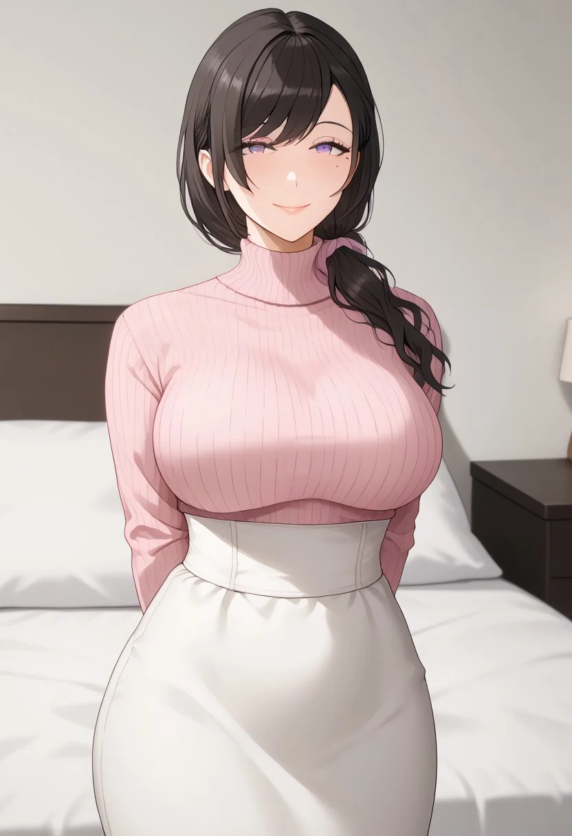 best quality,
masterpiece,
(bedroom:1.2),
(Tacizumi), black hair, hair tied over shoulder, hair tie, mole under 1 eye, mature woman, fake smile
pink sweater,
wide hips, thin waist
cowboy shot,
purple eyes,
standing,
white skirt, arms behind back