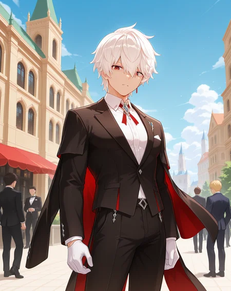 masterpiece,best quality,amazing quality, newest, very aesthetic, absurdres,
1boy, solo, yaoi, male focus, looking at viewer, cowboy shot, standing,
<lora:Elsword_Genesis_ilxl:1> elswordgn, white hair, red eyes, short hair,
formal, tuxedo, neck ribbon, white shirt, collared shirt, black pants, shoes, black footwear, suit jacket, black jacket,
outdoors, day, blue sky, building, people,