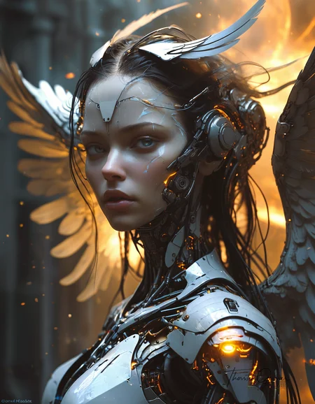 biomechanical cyberpunk A photorealistic portrait of a merciless archangel, their face a vision of divine beauty and unwavering resolve. Their eyes, windows to a soul hardened by countless battles, burn with an intensity that pierces through the veil of reality. Their expression is a symphony of conflicting emotions: righteous fury, unwavering determination, and a hint of sorrow for the fallen. Their wings, a majestic expanse of shimmering feathers, are spread wide, casting a shadow of divine judgment upon the world. The background is a maelstrom of celestial energy, swirling with nebulae, stars, and distant galaxies, creating a sense of infinite power and cosmic scale. The lighting is dramatic, highlighting the archangel's sculpted features and the intricate details of their flowing hair and wings. The overall effect is one of awe and reverence, <lora:MJ52.safetensors:0.60> . cybernetics, human-machine fusion, dystopian, organic meets artificial, dark, intricate, highly detailed