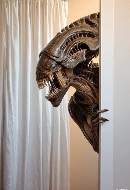 score_9, score_8_up, score_7_up, score_6_up, score_5_up, score_4_up, realistic looking, raw photo, photorealistic, <lora:extremely_detailed:0.15> extremely detailed,<lora:add-detail-xl:0.15>, <lora:detailed_notrigger:0.15>, <lora:MJ52:0.15> realistic, photography, detailed, <lora:sinfully_stylish_SDKL:0.15>, <lora:stvmccrr:0.15> Photography, stvmccrr style, stvmccrr, <lora:xl_more_art-full_v1:0.15>, <lora:SDXLFaeTastic2400:0.15>,
 <lora:PeekingOut_pdxl_Incrs_v1:1>  peeking out of a shower curtain, sideways, <lora:XenomorphQueen:1> sharp teeth, 1girl,