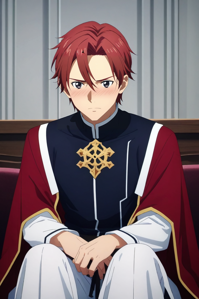 score_9, score_8_up, score_7_up, source_anime, rating_safe, , anime screencap, anime coloring, , , , 1boy, male focus, black eyes, red hair,, solo, rule of thirds, ayers rock, noon, sitting, embarrassed, nose blush, <lora:sao_alicization_style_pony:0.8>, sao_alicization_style, <lora:sdxl_lightning_8step_lora:1>