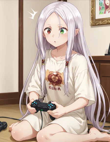 solo, 1girl,(anime screenshot:1.4, )
IdunnDefault,oversized shirt, white t-shirt, long hair, heterochromia,red eye,green eye,forehead,
surprised,
wariza, sitting, sitting in floor, holding game controller,
indoors, <lora:idunn_V1.0-000010:0.9> <lora:Anime_Screencap:1>