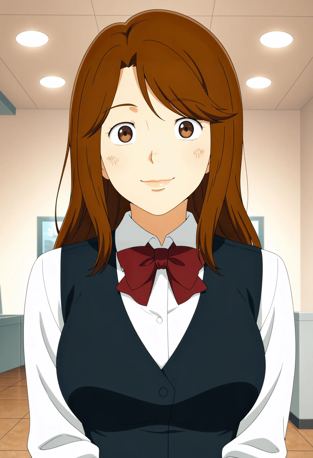 1girl,solo,mm,mature female,long hair,brown hair,brown eyes,anime coloring,
office lady,uniform,bow,vest,white shirt,bowtie,upper body,looking at viewer, smile,indoors
,masterpiece,best quality,amazing quality,<lora:Mami_Yamaguchi-Thermae_Romae_Novae:0.8>