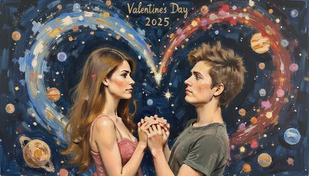 positiv Clip L: aidmatextimprover, sketch painting,    Above both, the text shines from the stars in a heart: "Valentine's Day 2025", Two celestial beings, one (female:0.8) made of glowing stardust, the male one formed from nebulae in space, reach out their hands in an infinite cosmic embrace. Planets and galaxies swirl around them in a mesmerizing dance of eternal love. positiv Clip G: aidmatextimprover, sketch painting,    Above both, the text shines from the stars in a heart: "Valentine's Day 2025", Two celestial beings, one (female:0.8) made of glowing stardust, the male one formed from nebulae in space, reach out their hands in an infinite cosmic embrace. Planets and galaxies swirl around them in a mesmerizing dance of eternal love.